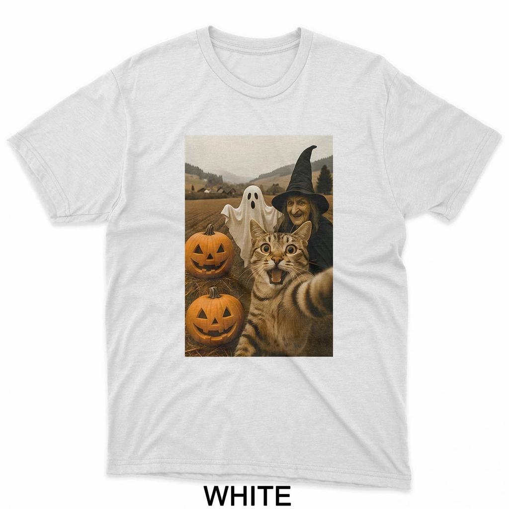 HOT SALE Funny Halloween Cat Selfie with Ghost Boo Witch Pumpkin T-Shirt Gift New T-Shirt Soft  Round-neck Tee Streetwear Style