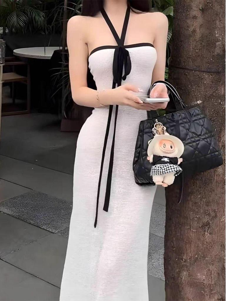 Pure Desire Color Block Bodycon Halter Dress - Women's Sexy Summer Vacation Slimming Maxi