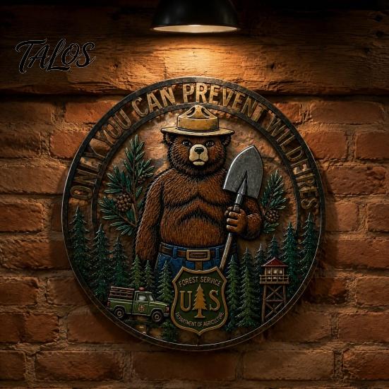 Retro Texture Wall Ornament Only You Can Prevent Wildfires Metal Sign, Vintage Round Bear Iron Hanging for Garden Decor, Funny Tin Sign Home, Garage,