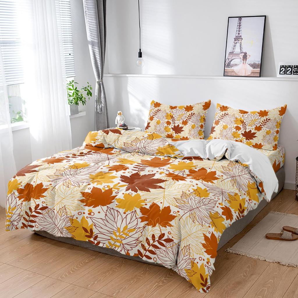 Maple Leaf Duvet Cover Queen Autumn Leaves Bedding Set Old Wooden Plank Vintage Comforter Cover for Boys Adults Room/Cabin Decor