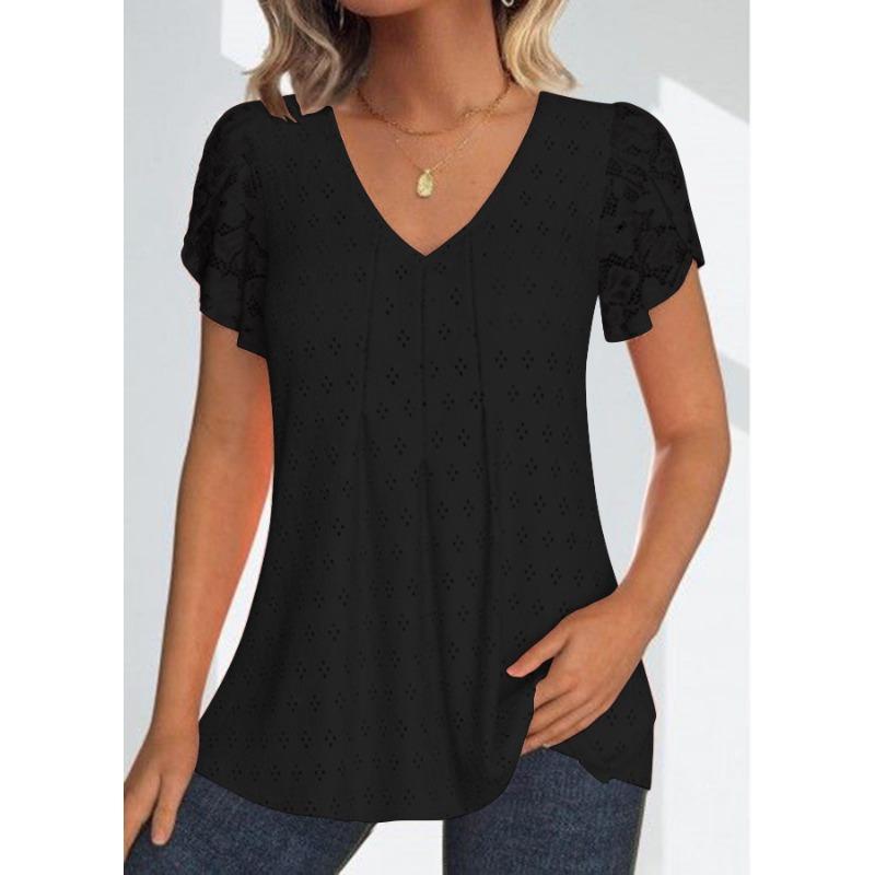 Sommer Einfarbig Spitze Lässig V-Ausschnitt Kurzarm T-Shirt für Damen