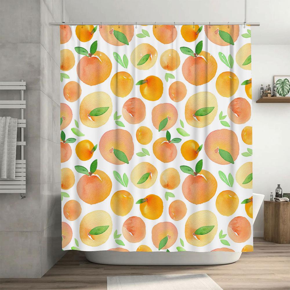 Vibrant Watercolor Fruits Shower Curtain Peach Orange Printed Fabric for Bathroom Decorations in White Background Design.