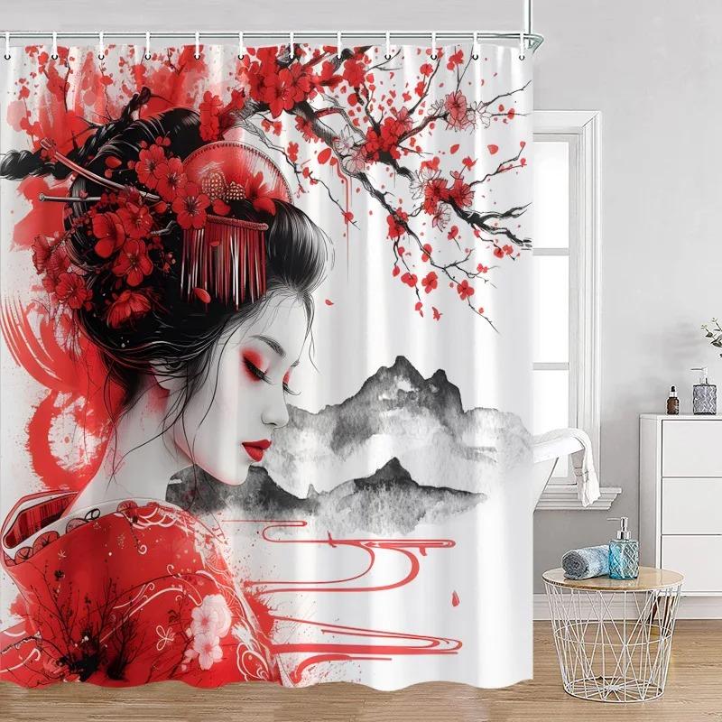 Japanese Style Flowers Bird Shower Curtain Beautiful Girl Red Floral Abstract Mountain Ink Art Landscape Decor Bathroom Curtains