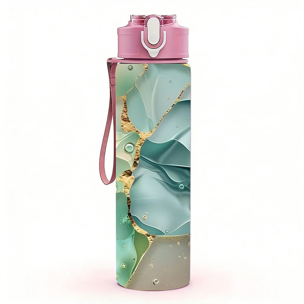 1PC Mint Green Gold Geode Marble Pattern 750ml Color Plastic Sports Water Bottle Leakproof Flip Straw Lid Suitable for Sports Office Home Use