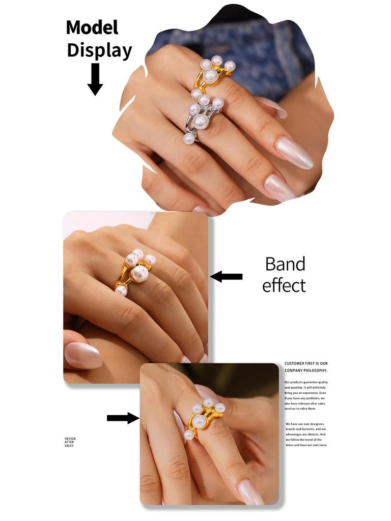 18k Gold-Plated Stainless Steel Hollow Ring with Faux Pearl Inlay