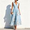 TikTok Women's Amazon Digital Printing Flower Long Sleeve V-Neck Pleated Dress Women's Long Dress