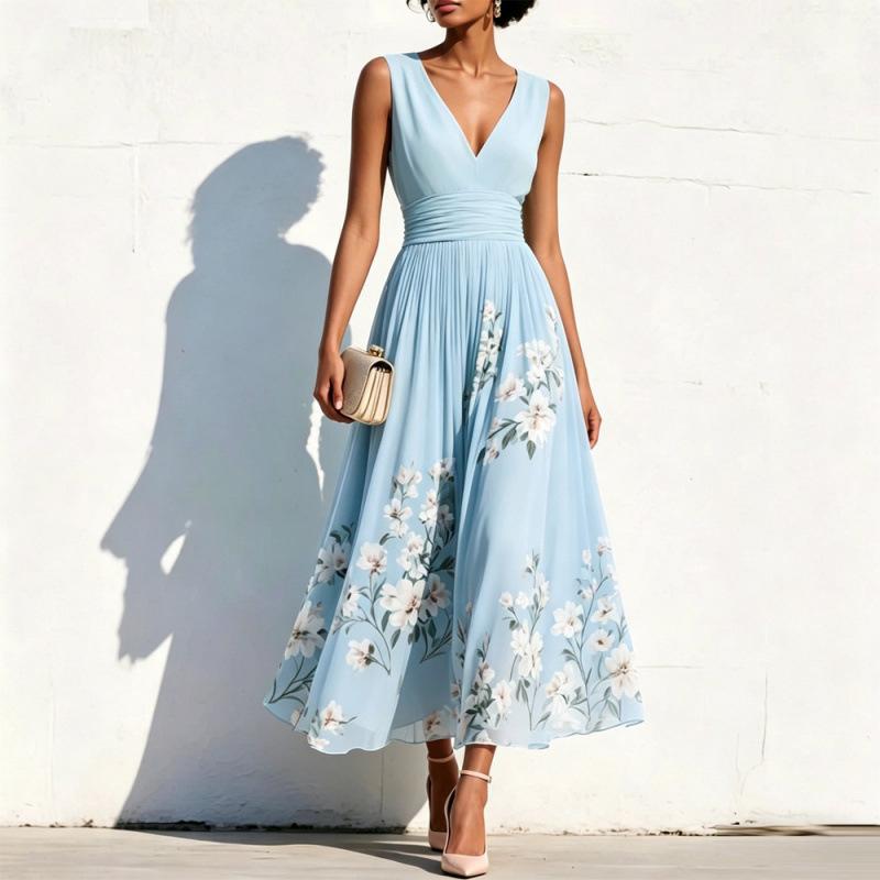 TikTok Women's Amazon Digital Printing Flower Long Sleeve V-Neck Pleated Dress Women's Long Dress