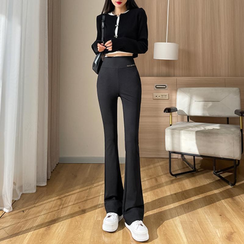 Elastic Waist Flared Pants for Women New High Waist Slimming Slit Micro Flare Pants for Spring and Autumn Black