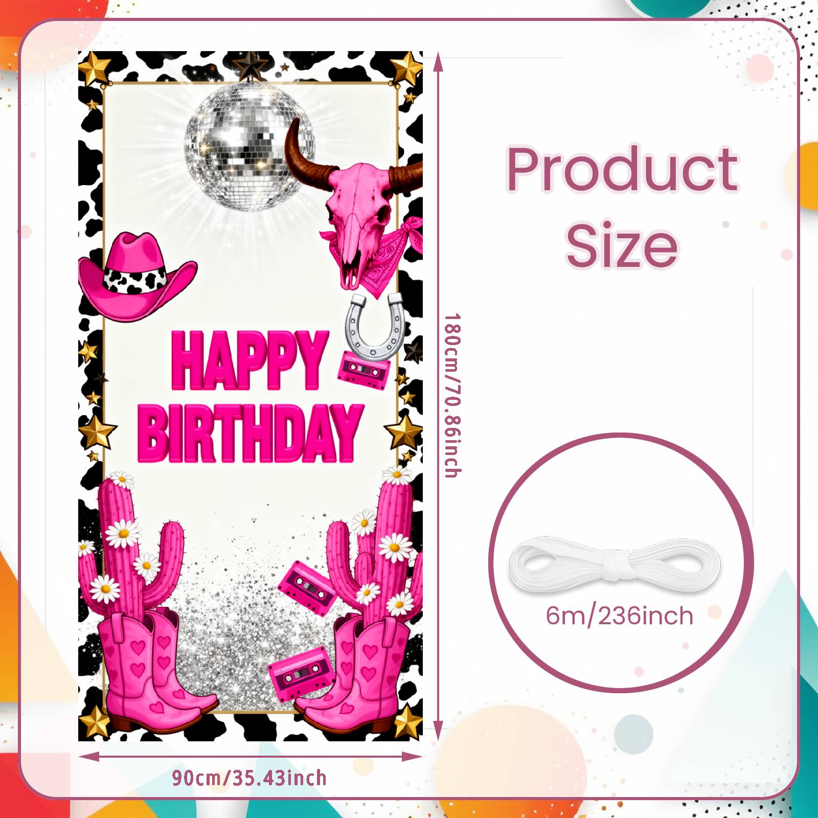 

Disco Birthday Background Pink Cow Skull Birthday Display Banner Glitter Design Birthday Door Cover For Cowgirl Themed