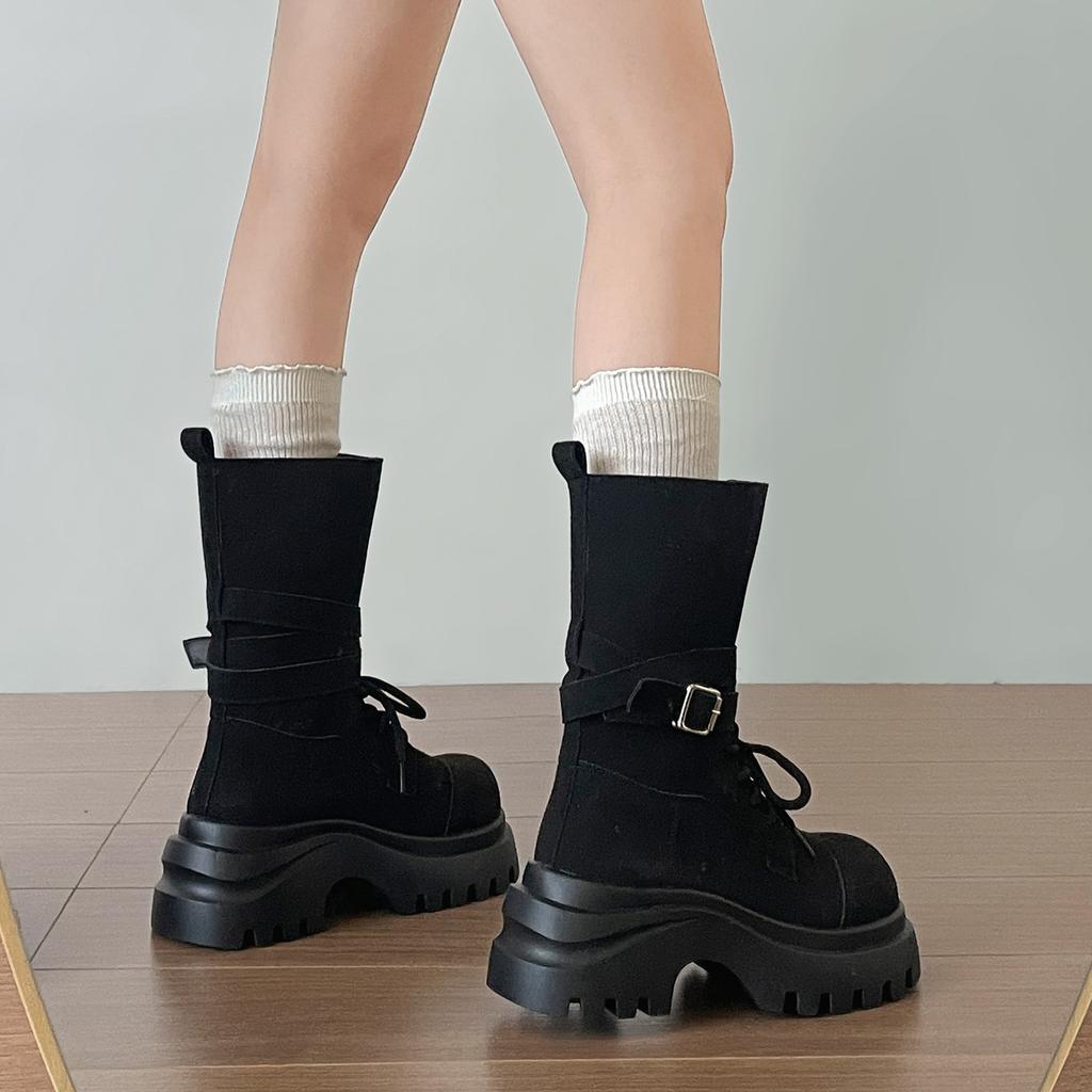 Mid Calf Women Boots Flats Platform Shoes Lace Up Casual Shoes Woman Winter 2025 New Buckle Chelsea Boots Sport Walking Shoes