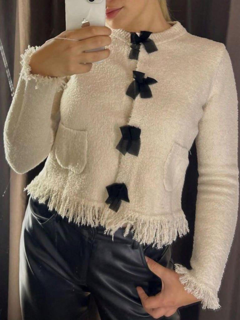 SHEIN Women's Autumn Bow Brooch Knitted Cardigan & Half Skirt Set: European-American Style.