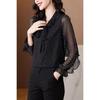 Summer Floral Print Chiffon Blouse Women Loose Stylish Long Sleeve Tied Shirt for Middle Aged Mothers