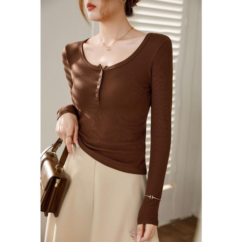 Women's High-elastic Threaded Shoulder Buttons for Autumn and Winter Pure Lust Style Long-sleeved Slim Base Shirt