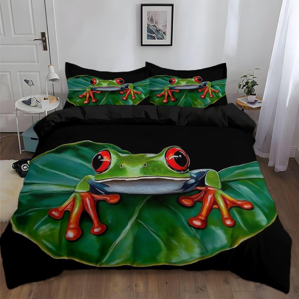 Frog And Lotus Leaf Duvet Cover Sets For Kids Boys Girls Lightweight Quilt Covers Green Animals Themed Bedding Set Bedroom Decor