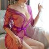 Transparent tulle seduction nightgown lace sexy pajamas shawl mesh bathrobe uniform set
