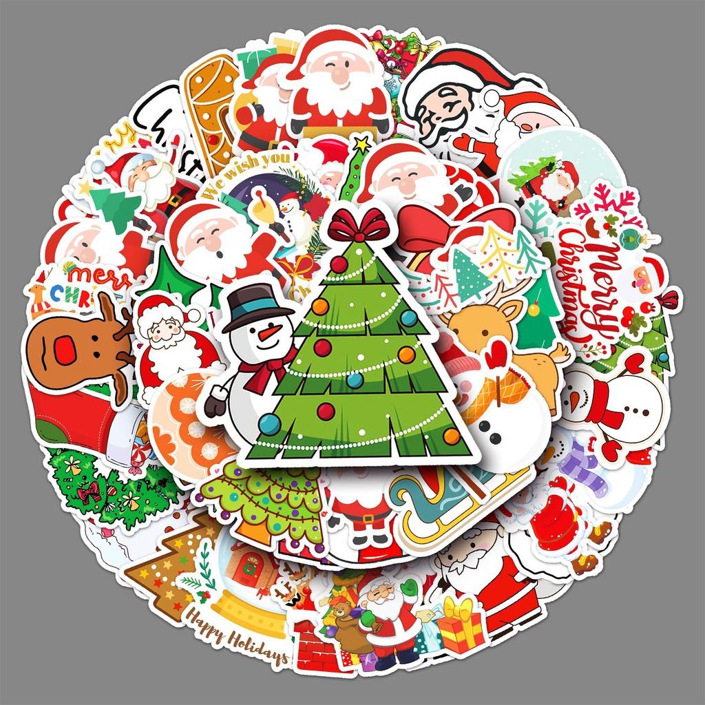 50pcs Santa Claus Xmas Tree Snowman Pvc Waterproof Reusable Stickers For Bag Decoration