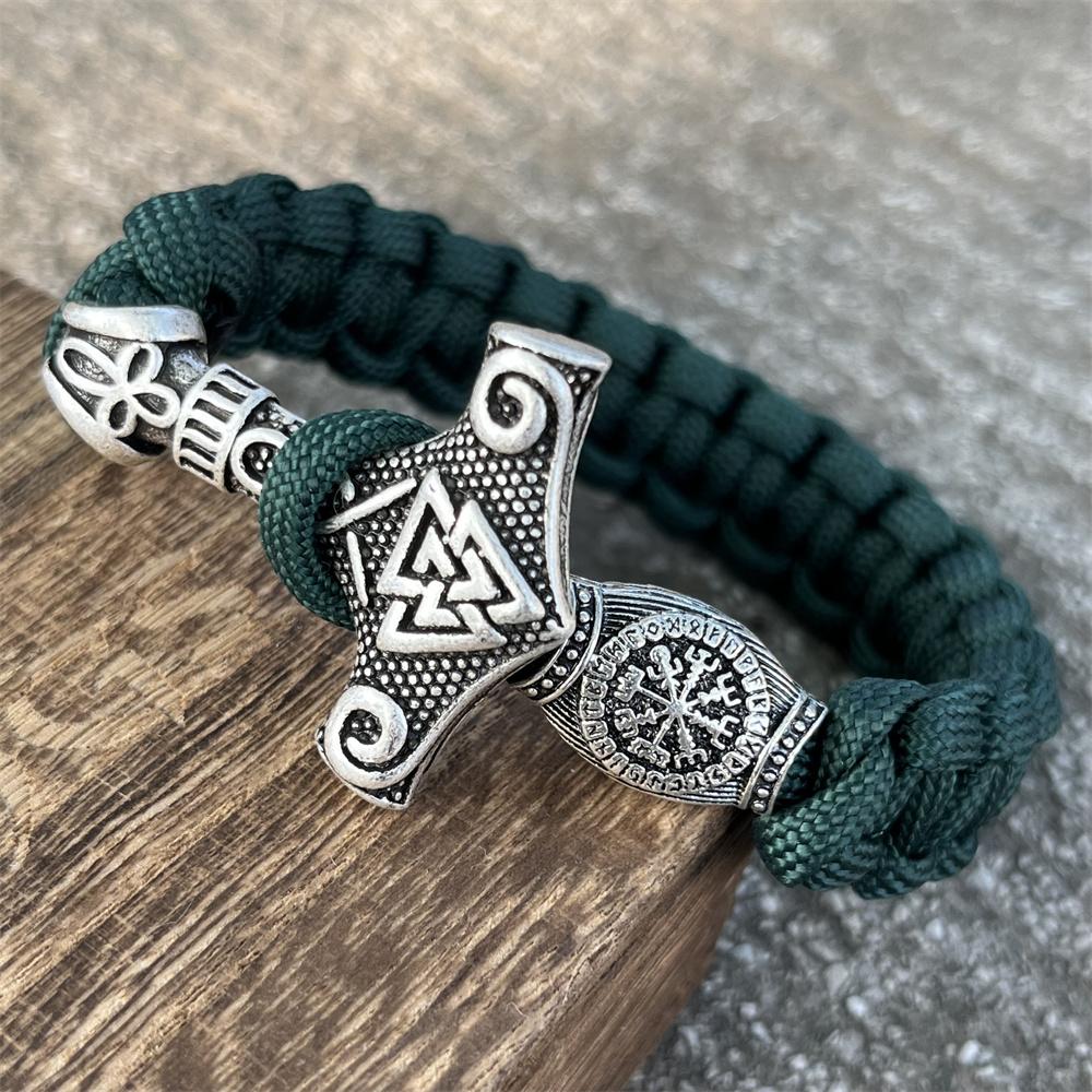 Viking Thor Hammer Valknut Vegvisir Runes Beads Jewelry Handmade Braided DIY Paracord Bracelet Mens Womens Accessories