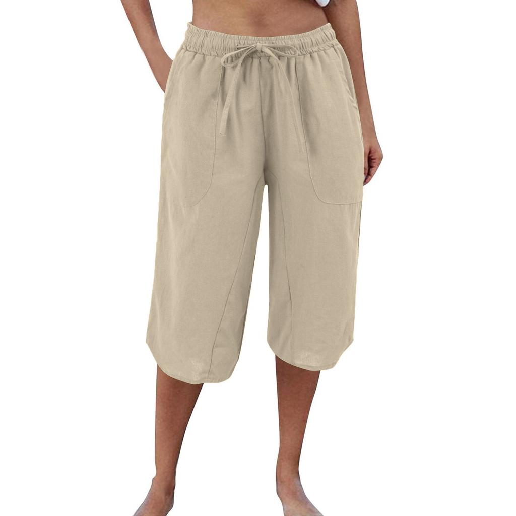 Women's Casual Cotton Hemp High Waist Drop Wide Legs With Drawstring Fifth Pants