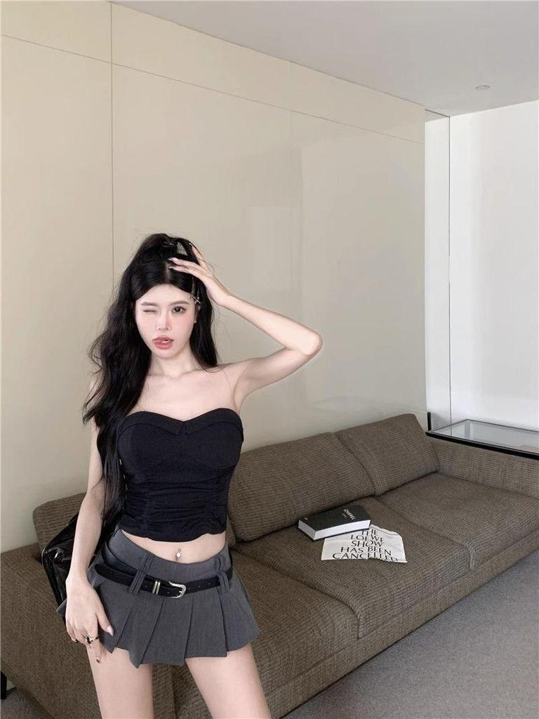 Gray Low Waist A-Line Pleated Midi Skirt for Women, Korean Style 2025 Summer Fashion, Versatile and Slimming Mini Skirt.