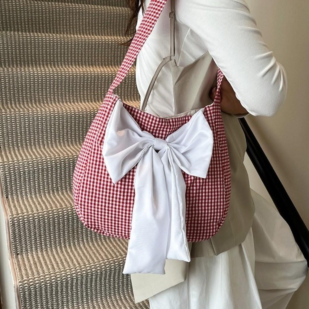 Lattice Bow Shoulder Bag Cloth Canvas Tote Bag Simple Plaid Shoulder Bag  Travel