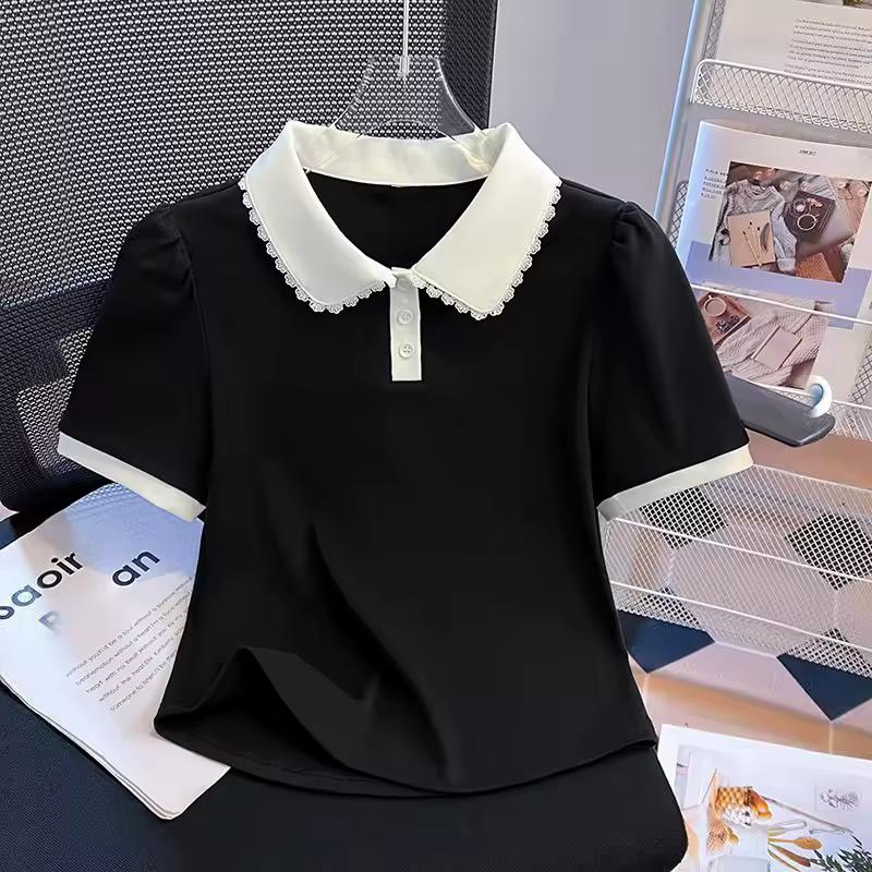 Female Summer Straight-Shoulder Short-Sleeve T-Shirt with A Short Peter Pan Collar