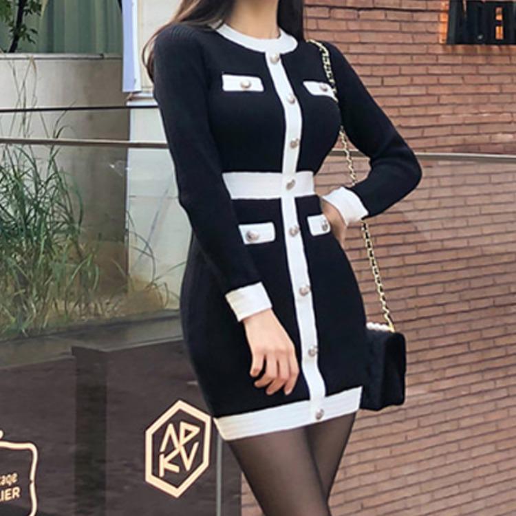 2023 Herbst/Winter Koreanischer OL Slim-Fit Colorblock Strickpulloverkleid