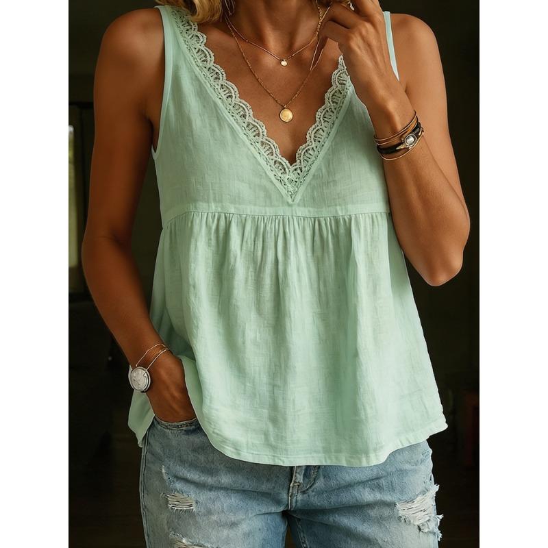QICED Women's Fashion Casual Solid Color Print Sleeveless V Neck Blouses & Shirts