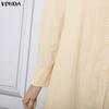 VONDA Women Elegant Lapel Neck Long Sleeve Baggy Pleated Casual Long Shirts Dress