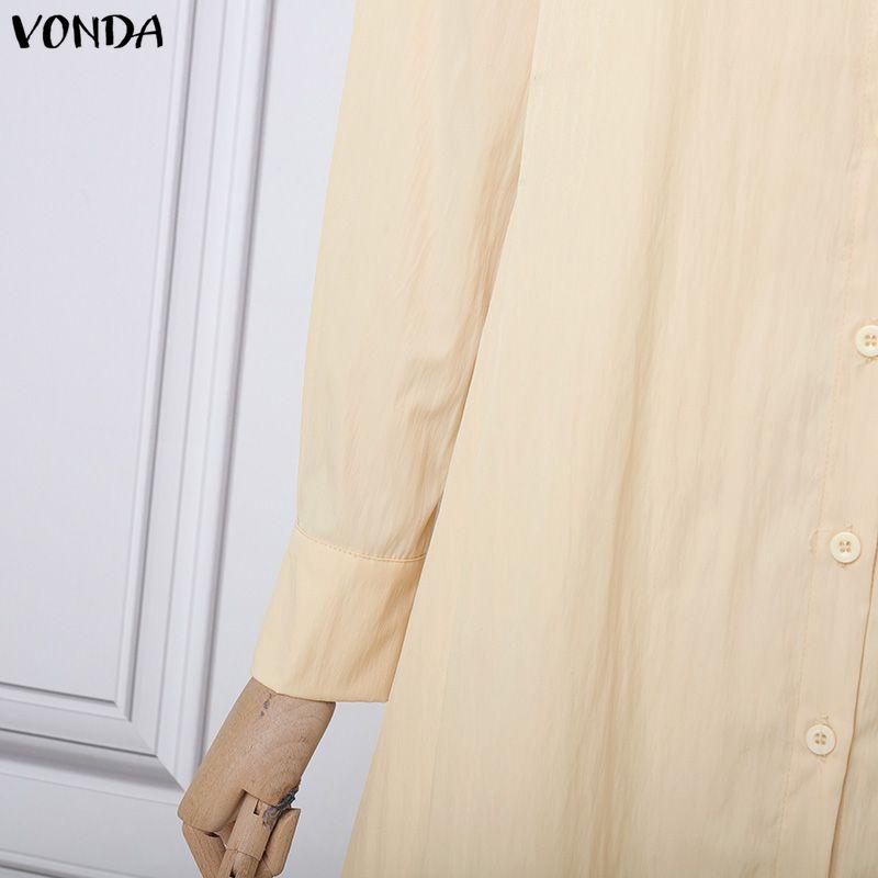 VONDA Women Elegant Lapel Neck Long Sleeve Baggy Pleated Casual Long Shirts Dress