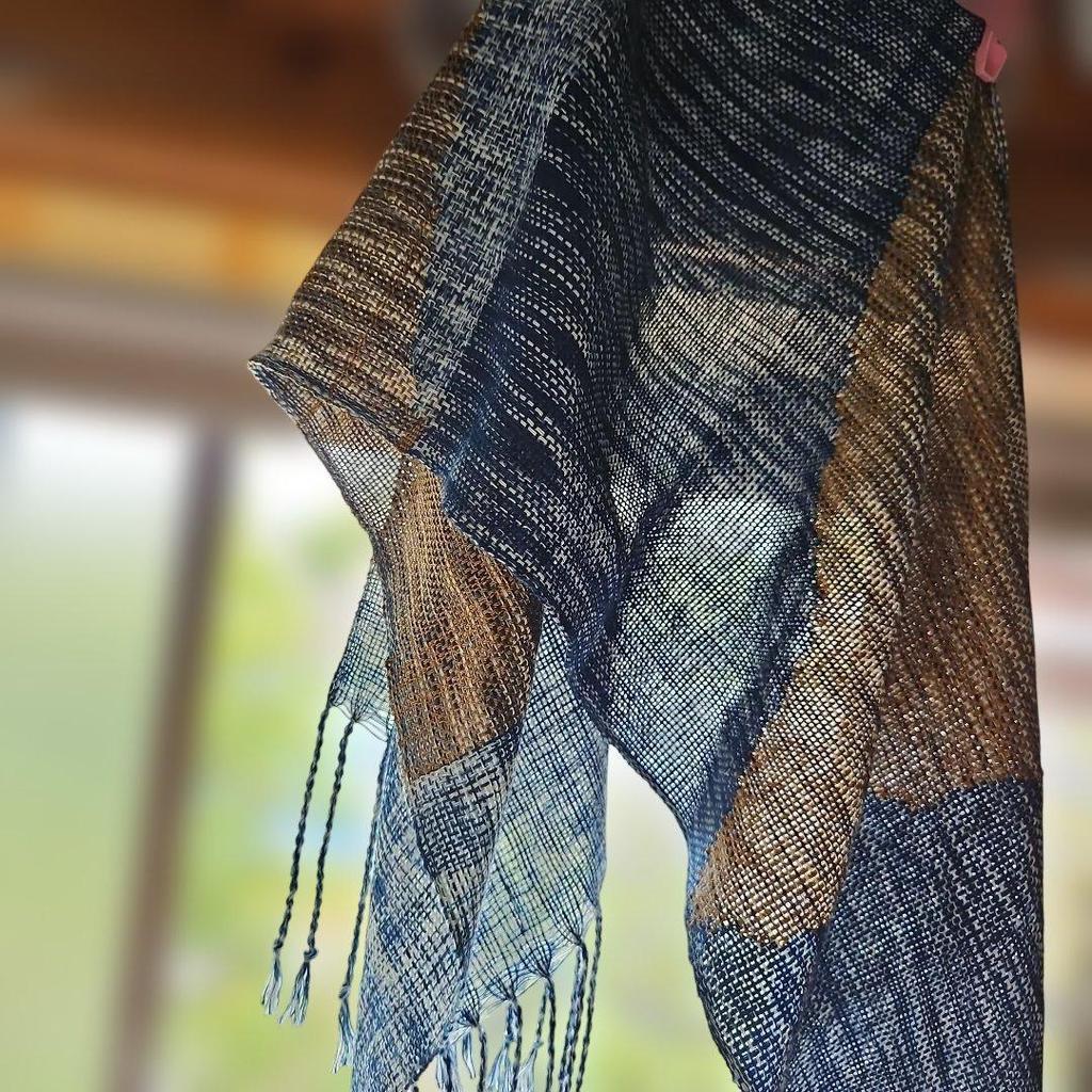 Used New, hand-woven stole, navy (indigo dye) and dark gold