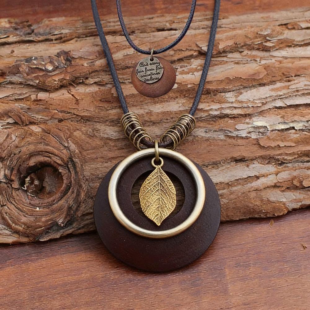 Кожаная Цепочка Деревянный Кулон Ожерелье Бохо Одежда Кулон Винтажное Ожерелье для Женщин Мужчин 1