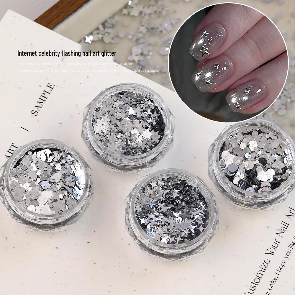 Super Flash Silver Sequin Nail Art - Korean Ins Style Star & Heart Glitter Decorations