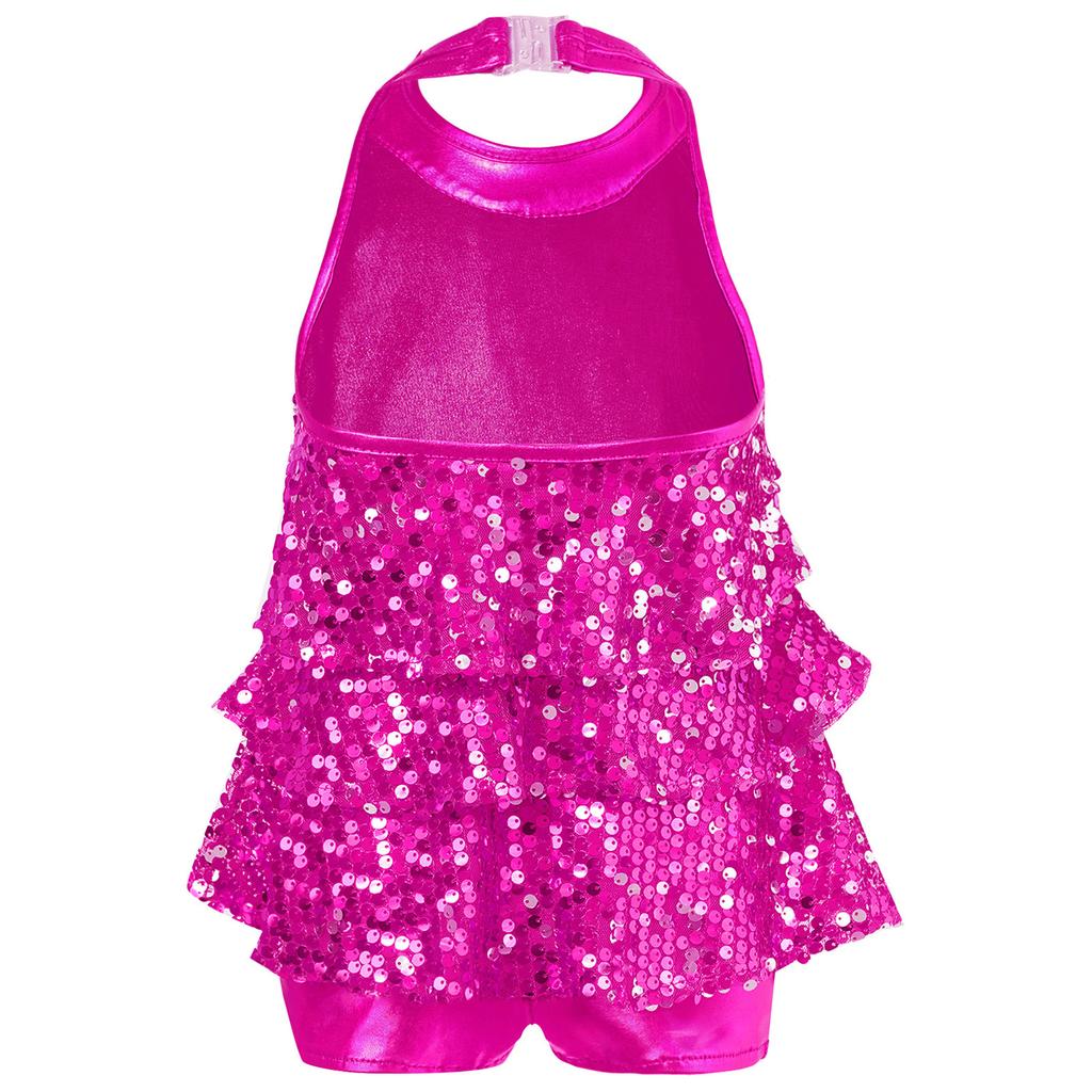 Unitard da ragazza con paillettes e collo all'americana, costume da ballo lucido per esibizioni jazz, latine e moderne