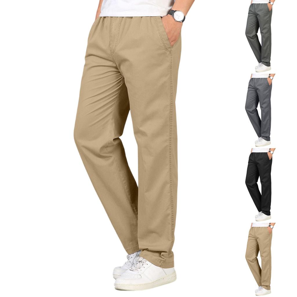 Men's Classic Outdoor Loose Casual Multi-pocket Work Pants, Youth Stretch Waist Straight Pants