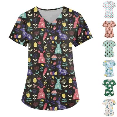 Women's Fashion V-neck Short Sleeve Workwear With Pockets Easter Printed Tops