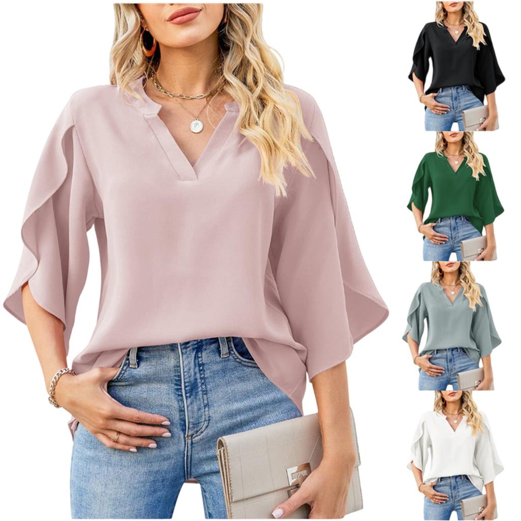 Women's Fashion Casual V,Neck Petal 3/4 Sleeve Loose Chiffon Blouse