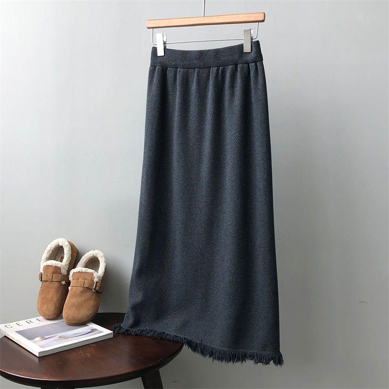 Tassel Knit Over-Knee High Waist Slim Wool Skirt with Matching Sweater