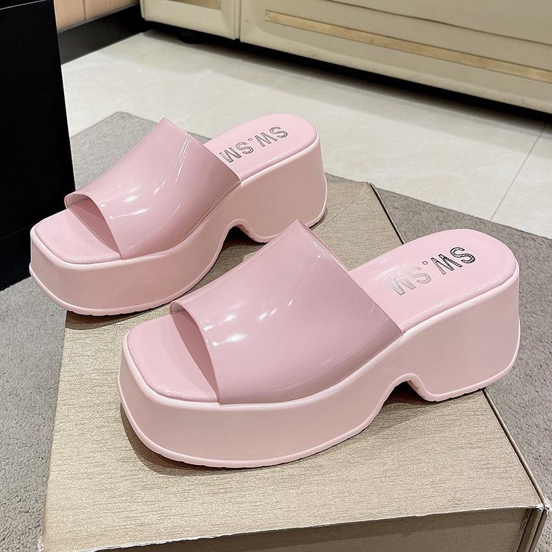 Thick-soled slippers for women's summer wear 2025 new muffin casual one-word slippers square head fashion color matching cool slippers for women