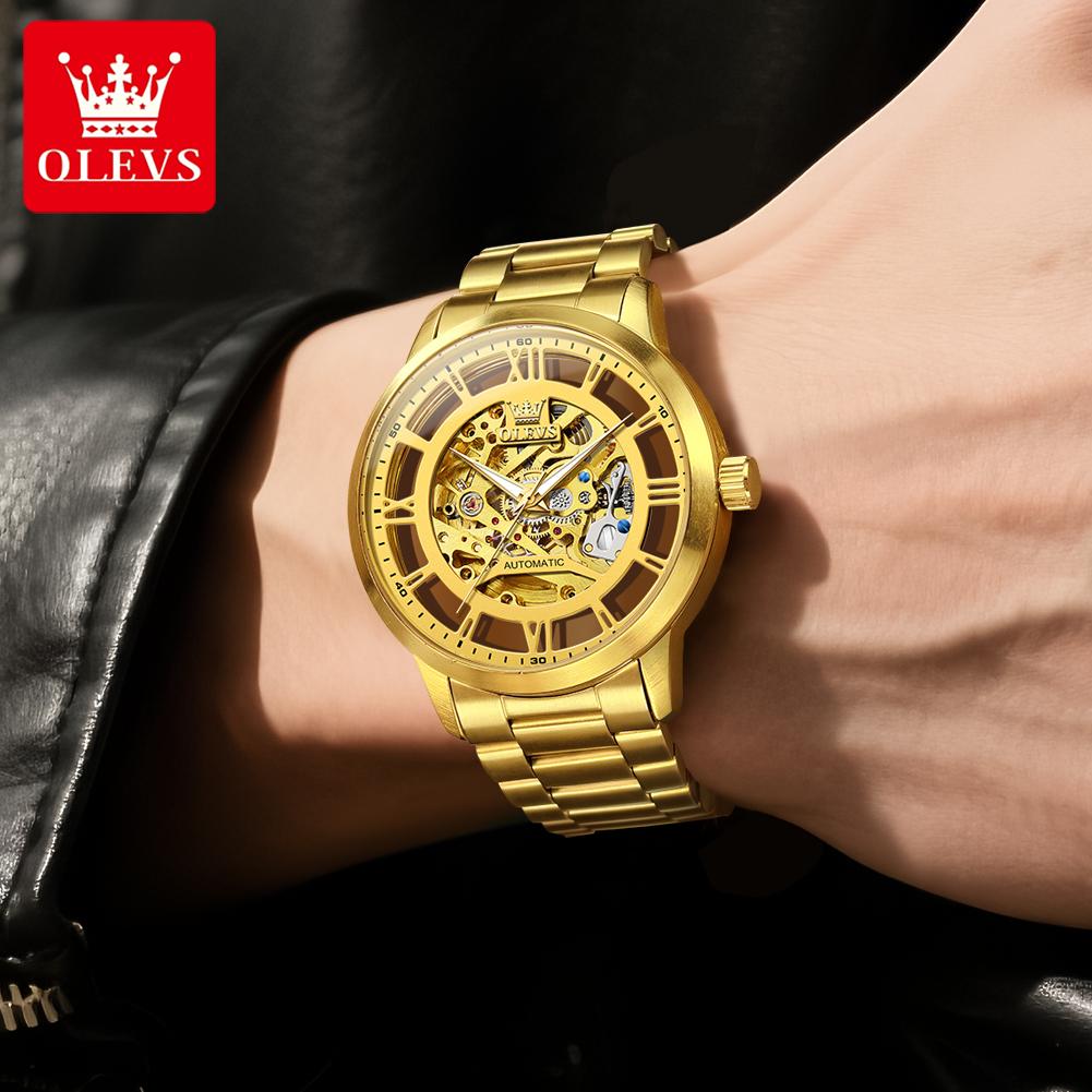 OLEVS Mens Watch Skeleton Automatic Mechanical Watch Stainless Steel Luminous Watches For Man Original Luxury Business Gifts