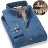 Men's Thermal Velvet-Lined Denim Shirt - Solid Color, Long Sleeve, Casual Winter Wear