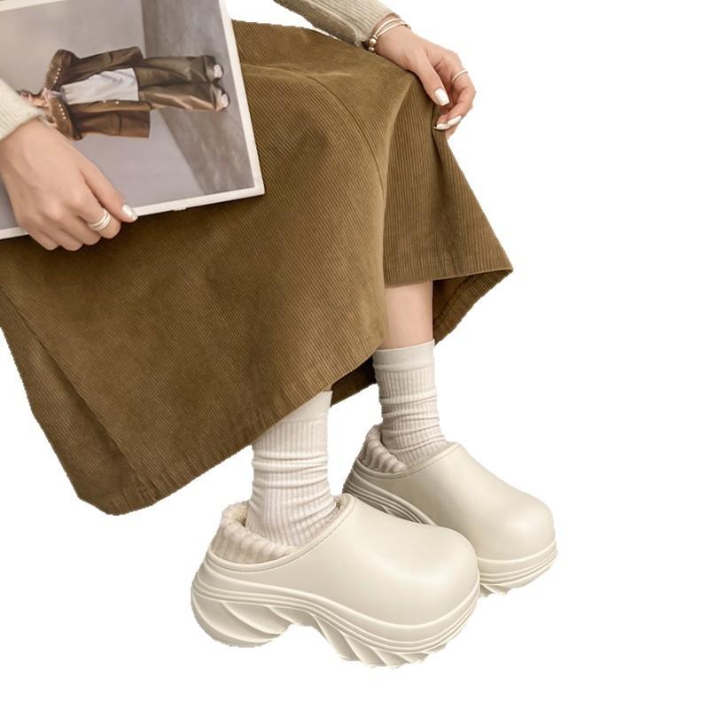 Thick-soled High-heeled Cotton Shoes Cotton Towing Home Cotton Slippers Autumn and Winter Velvet Bag Head Towing Warm Shoes