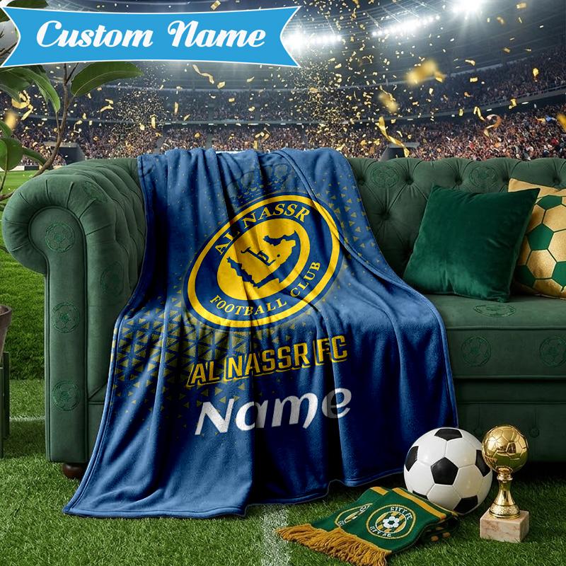 Custom Name Nassr FC Crest Blanket Lightweight Ideal Bedding Blanket Perfect for Travel, Camping, Living Rooms, Sofas, Christmas Gift