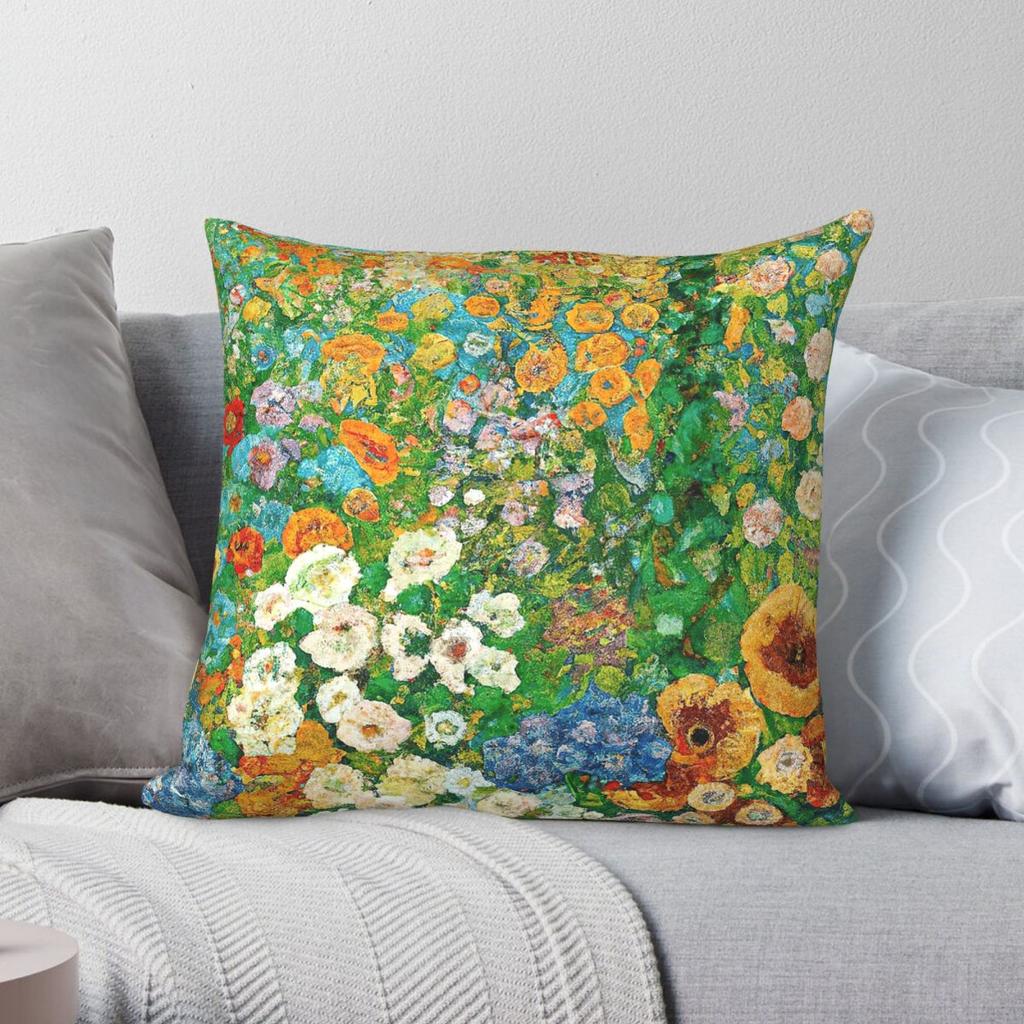 Gustav Klimt Blumengarten Quadratische Kissenhülle Polyester Leinen Samt Kreativer Reißverschluss Dekor Kissenbezug Zimmer Kissenbezug x