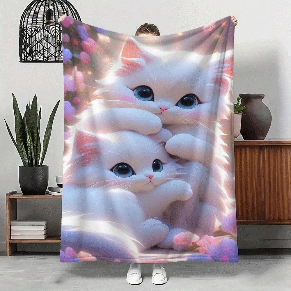 Ultra Soft Pink Flannel Blanket Cute Kitten Butterfly Print All Season Throw Camping Travel Machine Washable Family Gift