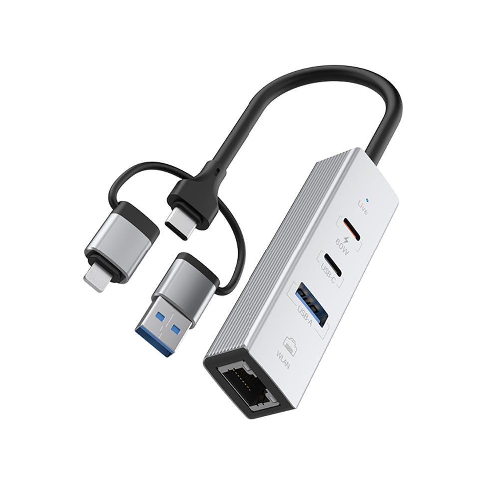 PD 60W 4 In 1 Hub Adapter iP/USB/Type-C Converter with Gigabit Ethernet/Digital Audio/Data Transfer for Laptops/PCs/Tablets/Phones