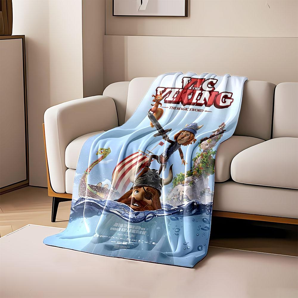 

A Viking theme with a ship, tree island, and a sword held by a character. for all seasons blanket lunch break throw gift 80cm x 120cm