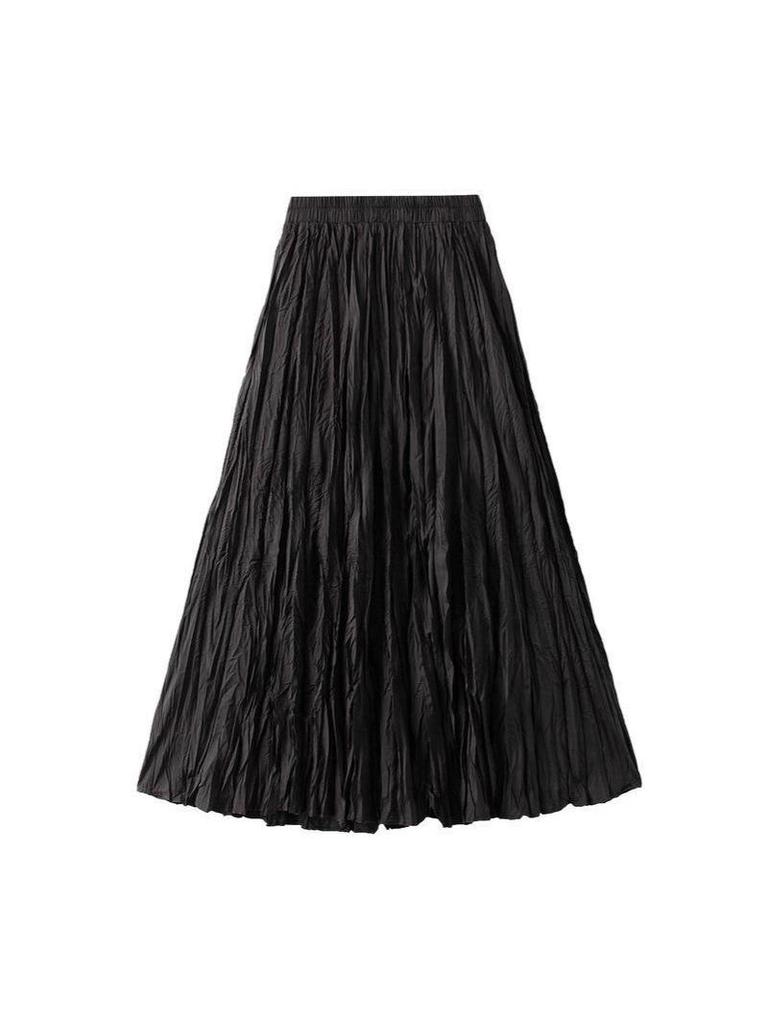 Women's 2026 Spring Textured Pleated Skirt - High Waist, Large Hem, Long Length, Simple Style