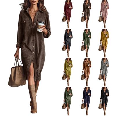 Women's Fashion Casual Solid Color Corduroy Long-sleeved Dress With Lapel Shirt , Loose Long Skirt