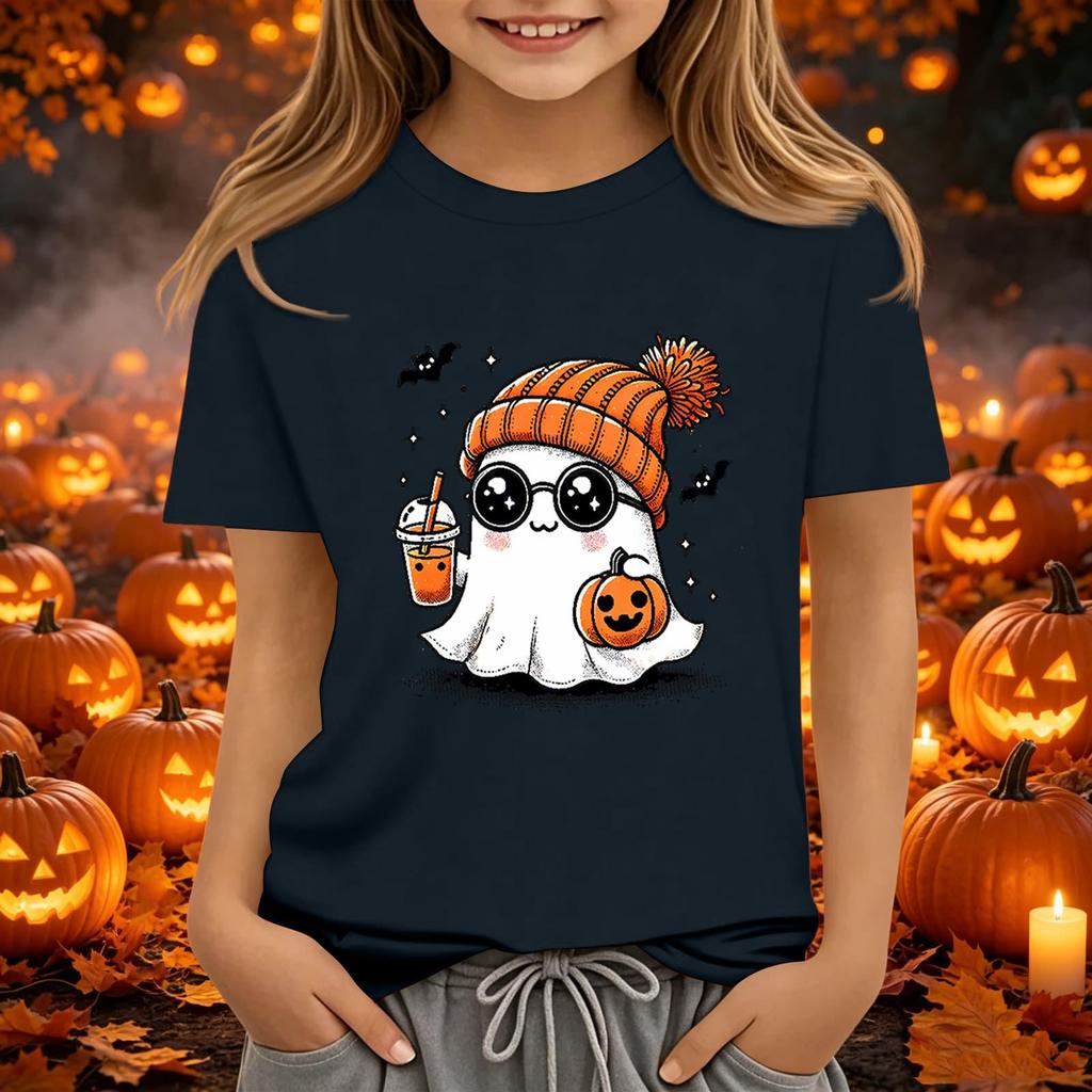 Kids Halloween Print Short Sleeve T-Shirt Round Neck Loose Fit Casual Tee for Boys Girls