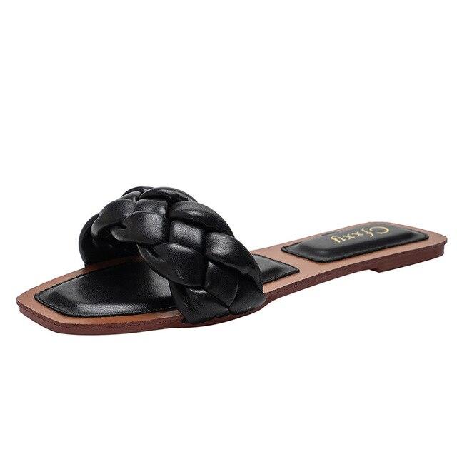2020 Woven Slippers Women Slip On Slides Fashion Brand Square Toe Leather Flat Sandals Female Outdoor Casual Slippers Flip Flops